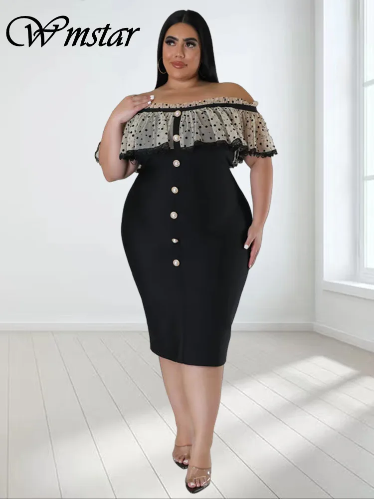 

Wmstar Plus Size Party Dress Women Clothing Solid Mesh Patchwork Off Shoulder Maxi Dress Fashion Outfits Wholesale Dropshipping