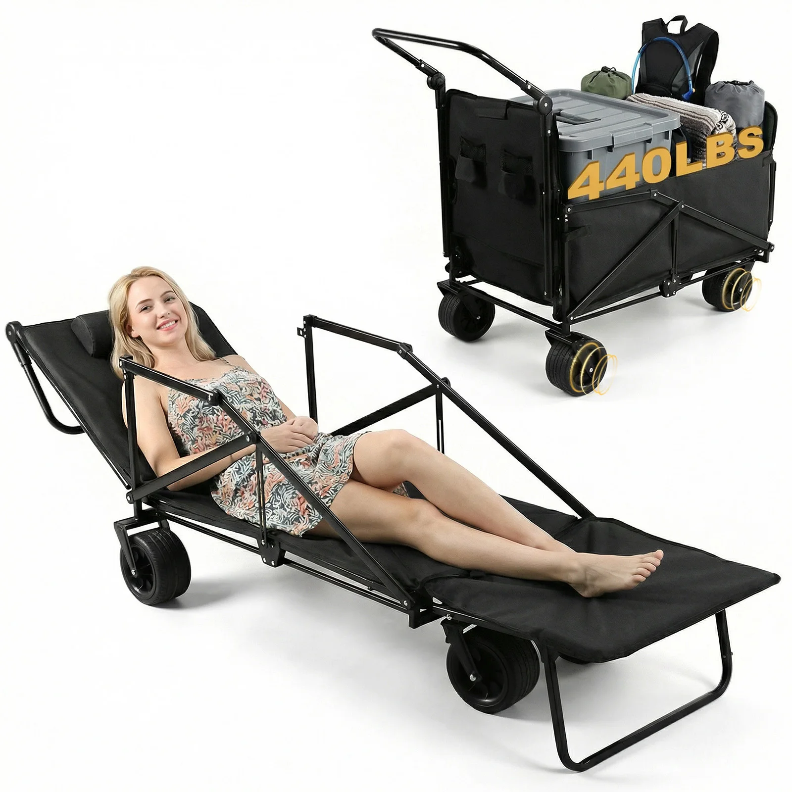 Carrito Plegable 2 en 1 de Tela Oxford 600D, Carrito Utilitario Plegable con Ruedas Todoterreno para Acampar, Jardín y Pesca