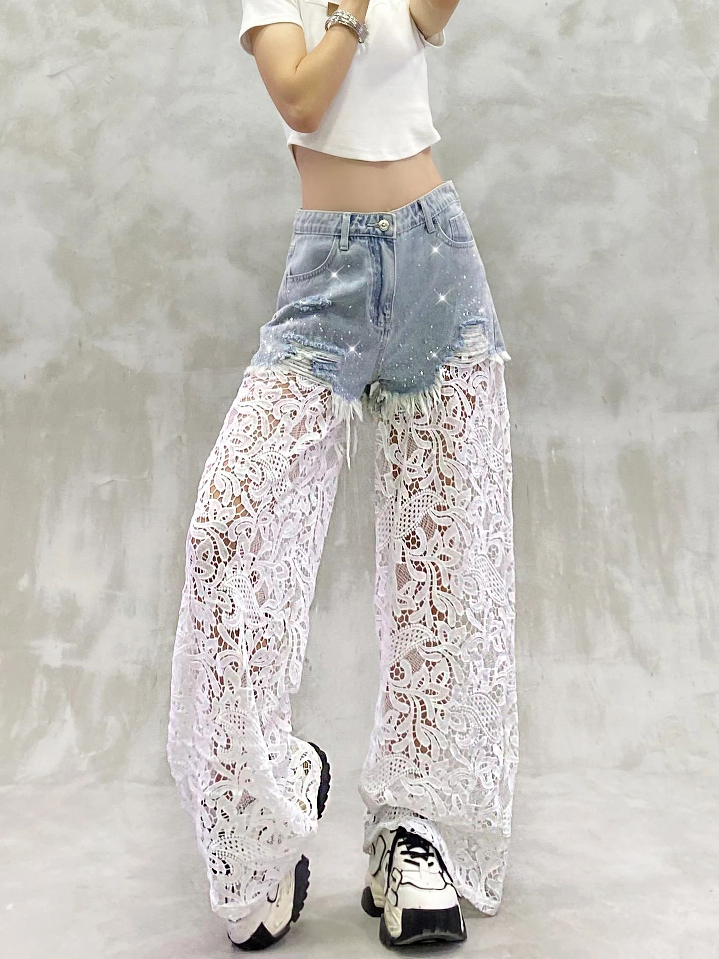 2025 Summer New Women's Lace Patchwork Design Casual Jeans High Waist Loose Slimming Versatile Hollow Out Wide Leg Pants
