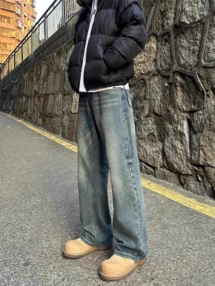 Cleanfit American Retro Blue Fce Lined Loose Straight Leg Jeans Men's Autumn Winter High Street Trend Brand Long Pants