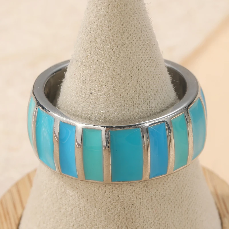Bohemian Style Silvery Plated Handmade Painting Blue Ring for Women Men's Fashion Concise Vacation Banquet Commemorative Crafts