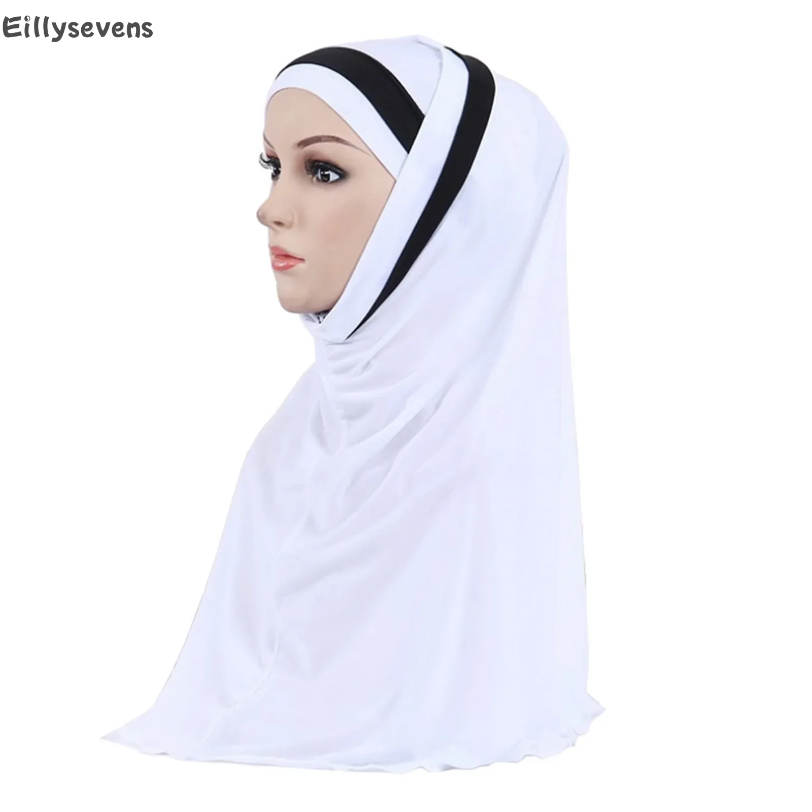 

Classic Muslim white cloth black stripe hijab Sunday headdress cloak shawl scarf Ramadan halal headscarf Elegant Modest hat