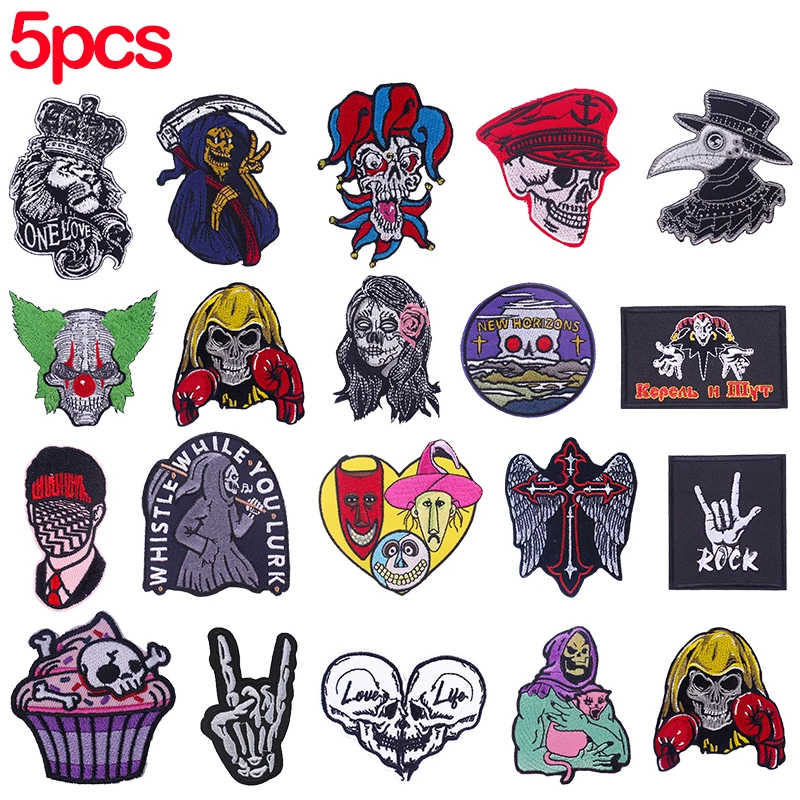 5 Stück Großhandel Aufbügelbare Patches Punk Totenkopf Skelett Aufnäher für Kleidung Bestickte Aufbügelbare Patches für Kleidung Aufkleber Deko