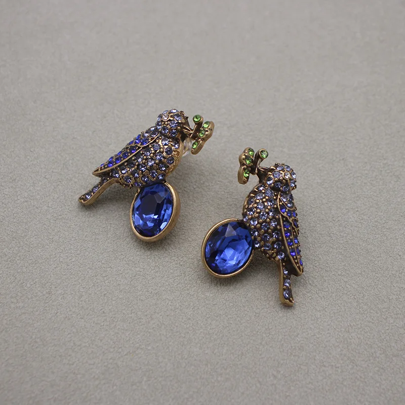 Set of Magpie Necklace, Earrings, and Brooch - Premium Blue Glass Pearl with Antique Gold Plating view 3