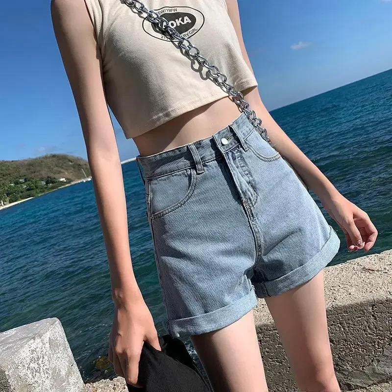 Short en jean noir et gris pour femme, vêtement d\'été taille haute