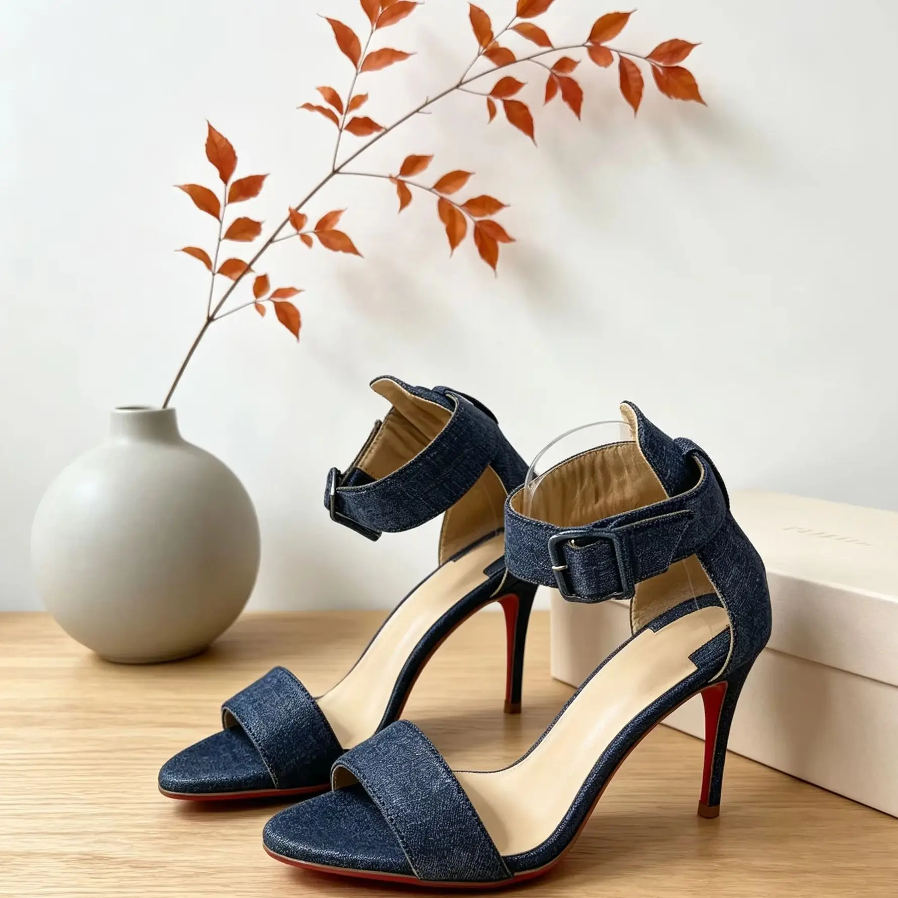 Women's Dark Denim Fabric Open Square Stiletto Heels Pumps Buckle Ankle Strap Chic Sandals Elegant Daily Parties Ladies Shoes