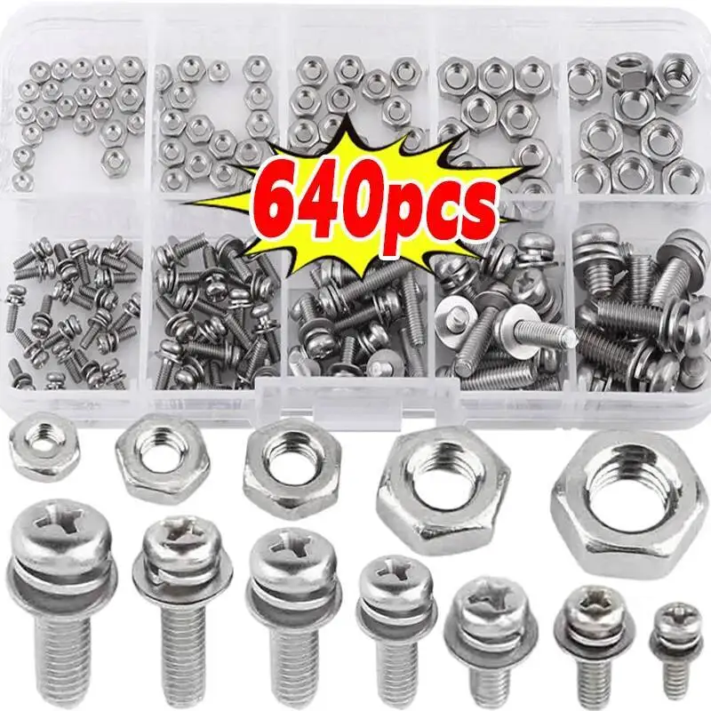 

Stainless Steel Pan Head Screws Nuts Assortment Kit Round Flat Cap Metal Nut Bolts Washers Set Hardware Tools M2 M2.5 M3 M4 M5
