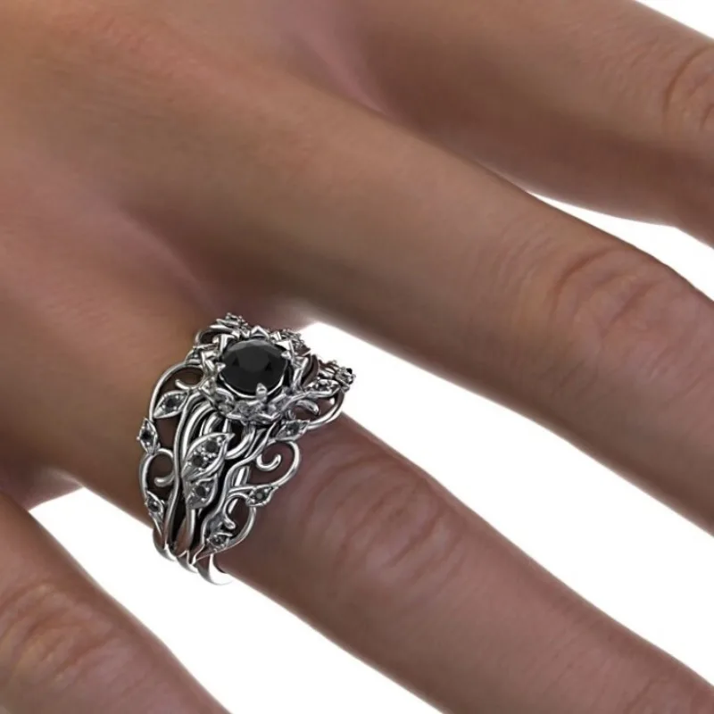 New Women's 3-Piece Fashion Jewelry Ring Set - Exquisite Floral Shape Wave Edge Design Black Diamond Inlaid Minimalist Ring