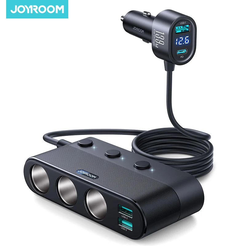 Joyroom 139W 7 in 1 Car Charger Adapter PD QC3.0 Fast Socket Cigarette Lighter Splitter Charge Independent Switches DC Outlet