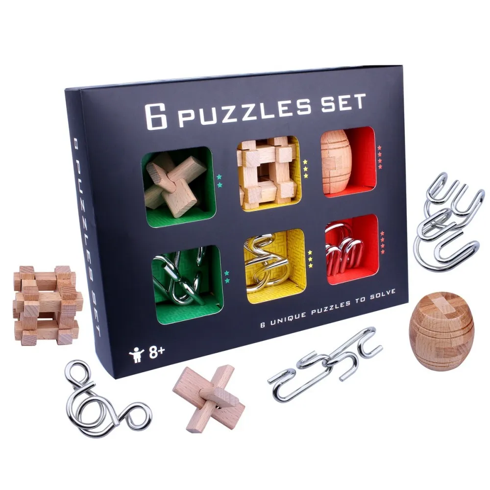 Classic 6PCS/Set Wooden Metal Puzzles Brain Teaser Game Gift Toy