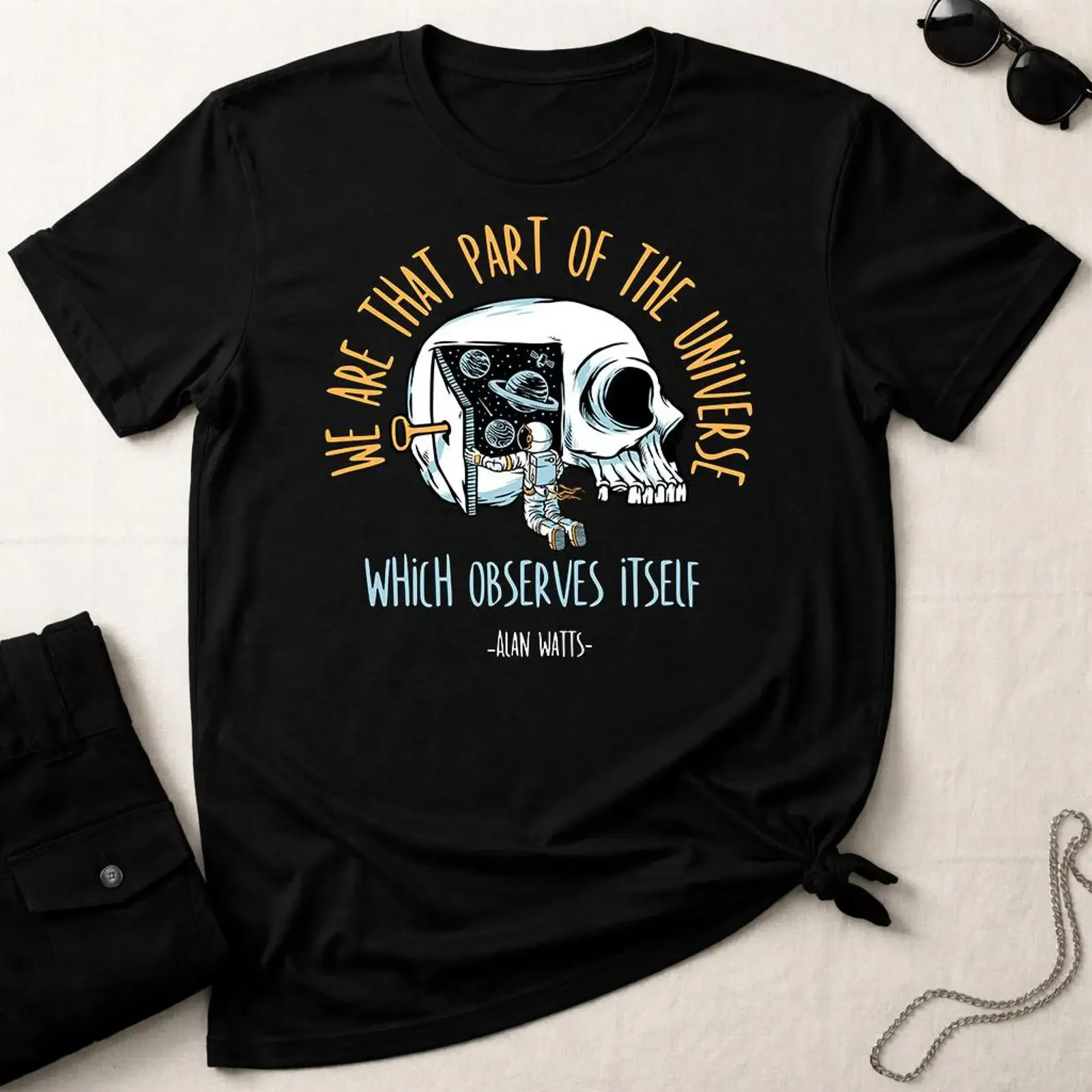 T-shirt vintage avec citation d'Alan Watts sur le crâne d'un astronaute, nous sommes l'univers, l'observation de l'univers, philosophie cosmique, conscience de l'espace