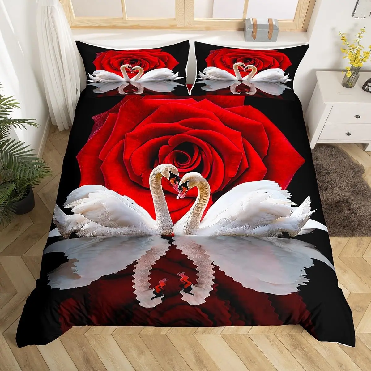 

Red Rose Bedding Set White Swan Duvet Cover Queen Wild Animal Romantic Flower Comforter Cover for Girls Woman Lady Wedding Decor
