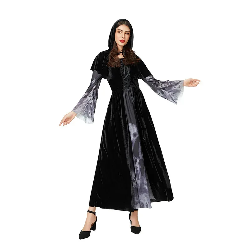 할로윈 유령 신부 여성 Grim Reaper 복장 고딕 스타일 마녀 의상 세트 여성 g45j4를위한 뱀파이어 멋진 드레스.