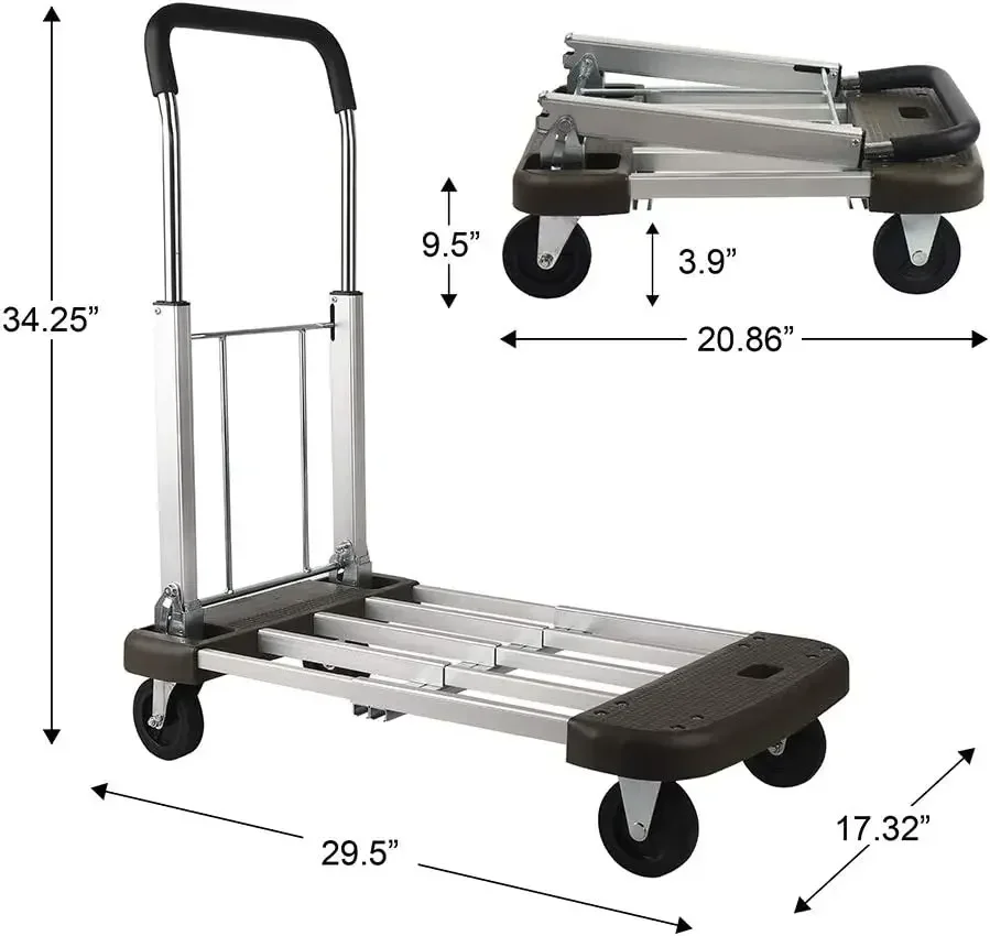 Carrinho de pressão dobrável, plataforma de liga de alumínio com 4 rodas, comprimento ajustável, capacidade de 330 lb (com 2 cordas)