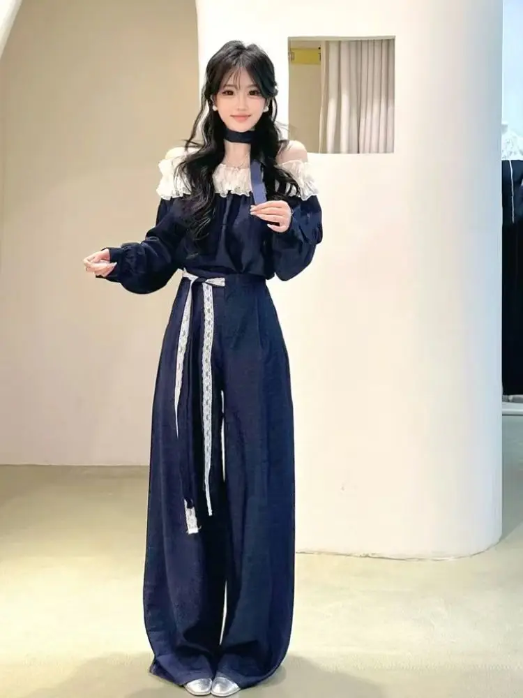 

Two Piece Sets Womens Outifits Summer New High-end Designed Niche One-shoulder Waist-hugging Lace Top+high-waist Wide-leg Pants