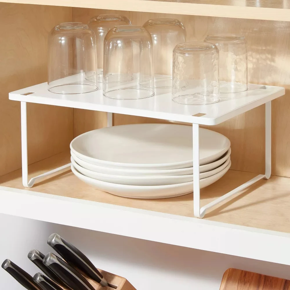 

Stackable Kitchen Cabinet Organizer,15"x10"x6" White Metal Pantry Shelf Storage Organizer,Iron Shelf Riser for Desk Countertop