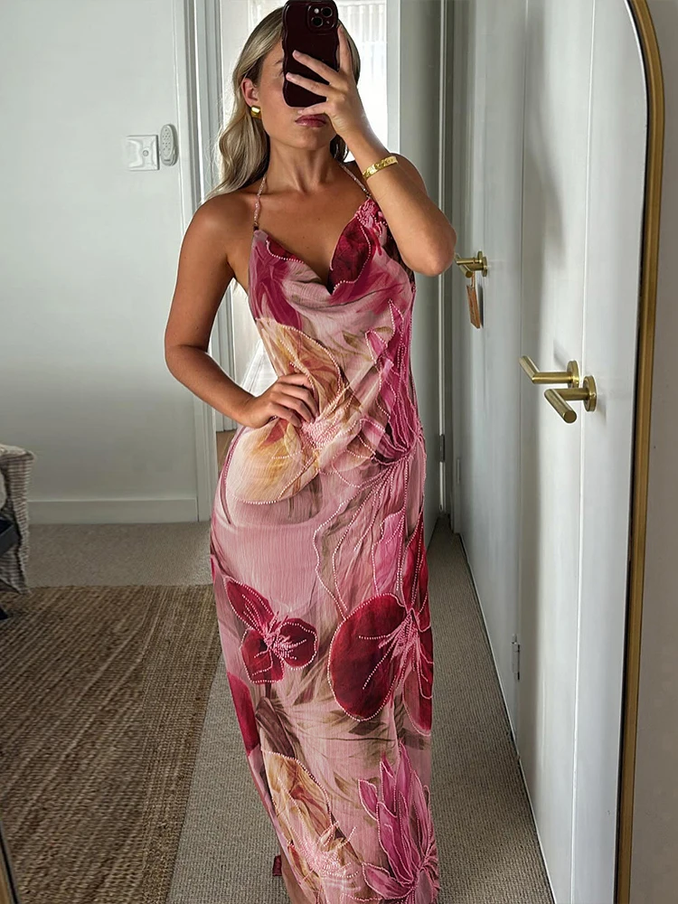 Nibber ビーズチェーンホルタードレス Y2K 花柄エレガントセクシーなスイングカラーバックレス誕生日ミッドナイトパーティースプリットマキシボディコン