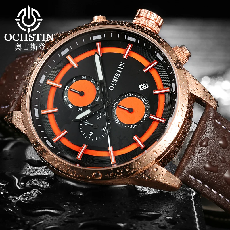 OCHSTIN New Leather Strap Wristwatch Man Quartz Movement Watches Men's Fashion Waterproof Mineral Hardened Glass Watch For Men