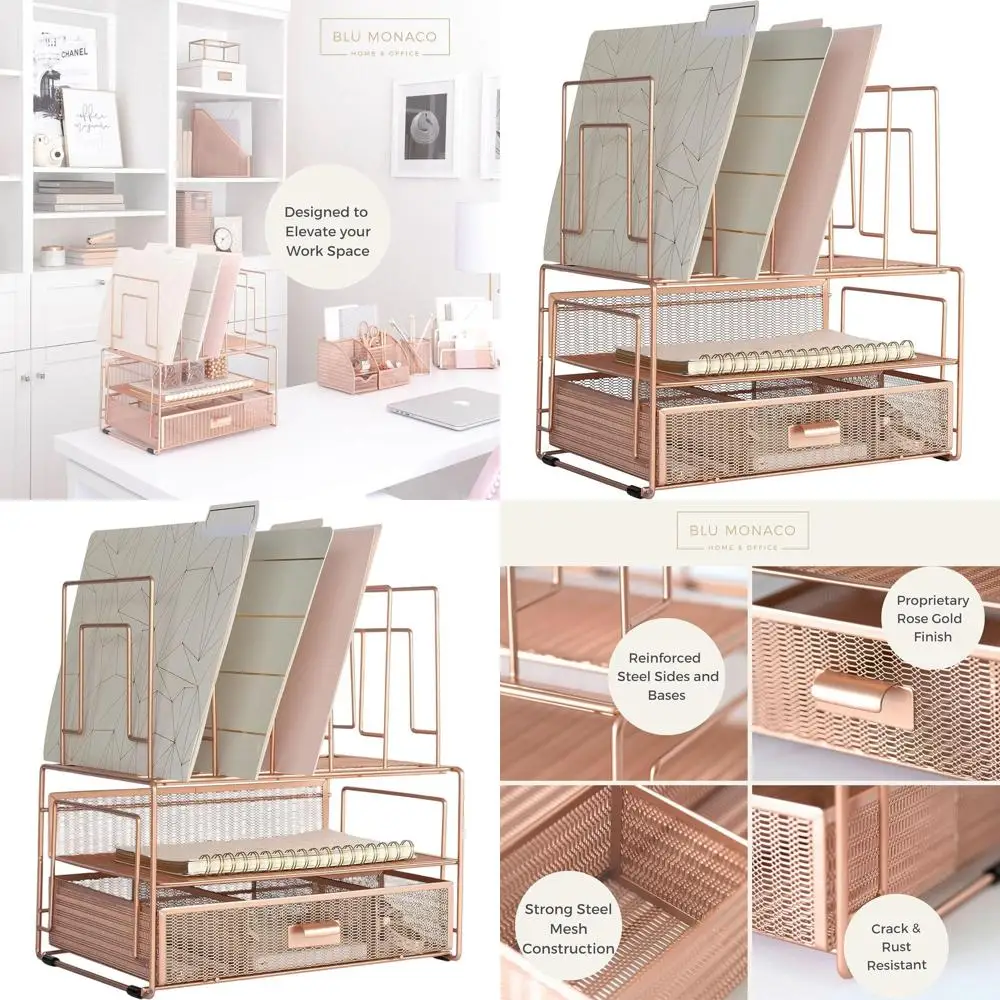 

Rose Gold Office Desk Organizer with File Sorters and Storage Drawer for Supplies, Paper, and Folders