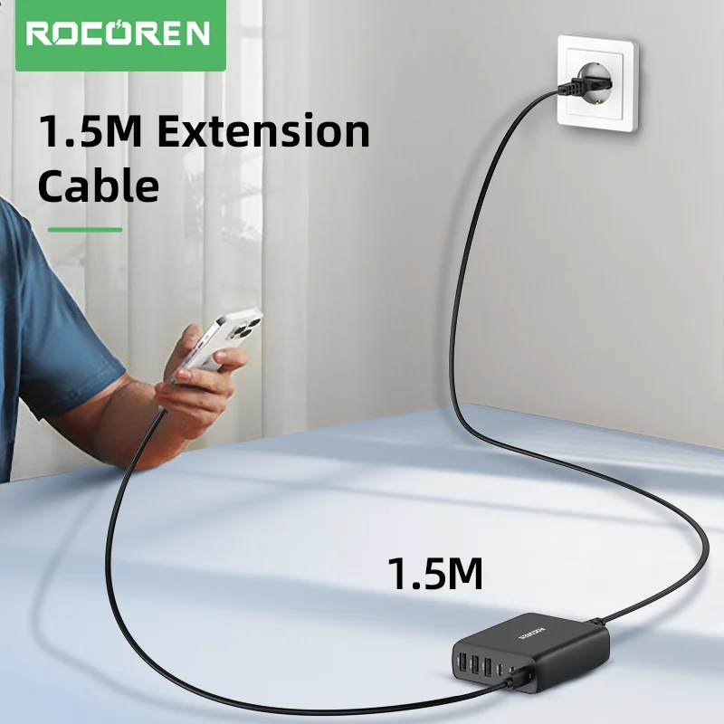 Rocoren 100W USB Charger Type C PD Fast Charging Multiple 6 Ports Desktop Charger Station For iPhone 14 Pro Xiaomi Samsung POCO