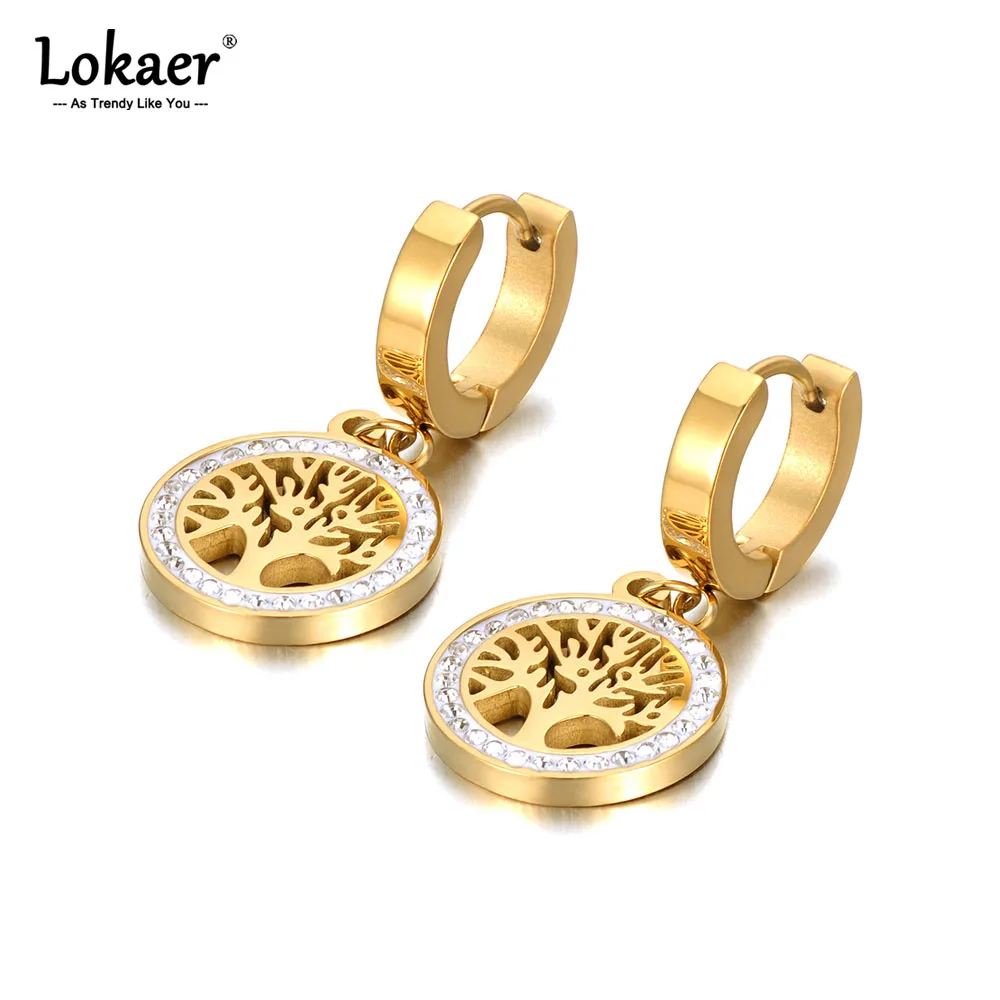 Lokaer 18K Gold Stainless Steel Bohemia Party Hoop Earrings Fashion CZ Crystal Tree Earrings Jewelry For Women Серьги E21029