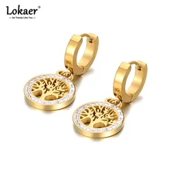 Lokaer 18K Gold Stainless Steel Bohemia Party Hoop Earrings Fashion CZ Crystal Tree Earrings Jewelry For Women Серьги E21029