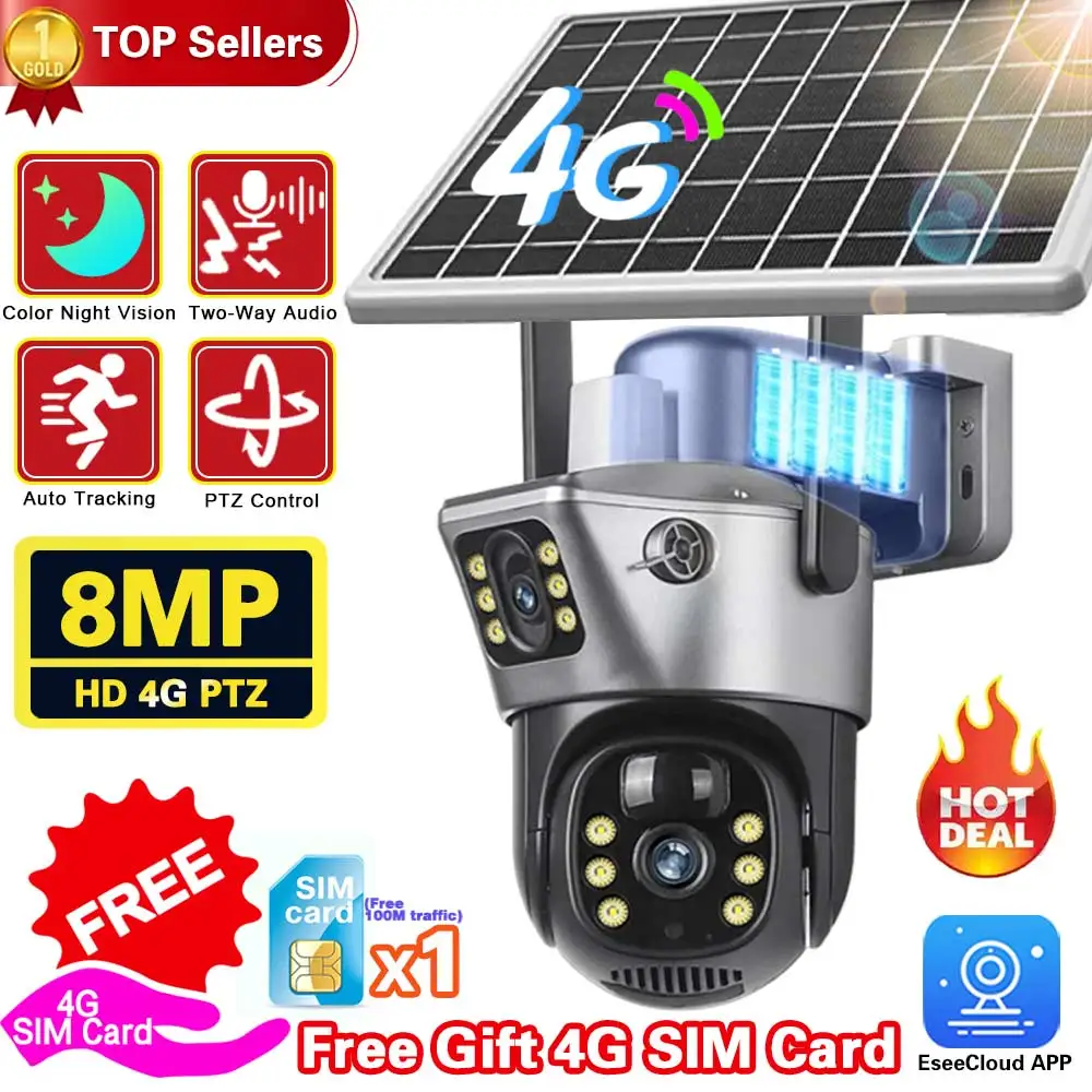 

4K 8MP HD Dual Lens Gift 4G SIM Card Solar Battery PTZ Outdoor Wireless Bidirectional Call Security CCTV Auto Tracking Camera