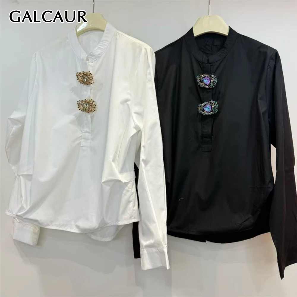 

GALCAUR Solid Spliced Button Shirt Female O Neck Long Sleeve Loose Temperament Women's Shirts Autumn New Style Fashion Clothing