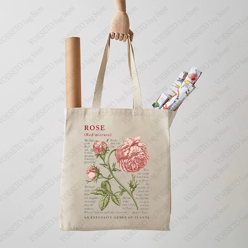 Rose Floral Tote Bag Cute Botanical Print Canvas Totes Flowers Reusable Shoulder Bags Back To School Gift Canvas Shopping Bags