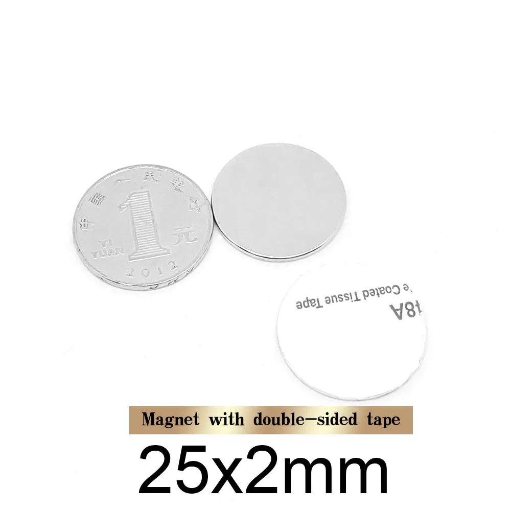 2/5/10/20/50PCS 25x2 Round Strong Powerful Magnetic Magnet With 3M Double-Sided Adhesive Tape 25*2 Disc Neodymium Magnet 25x2mm