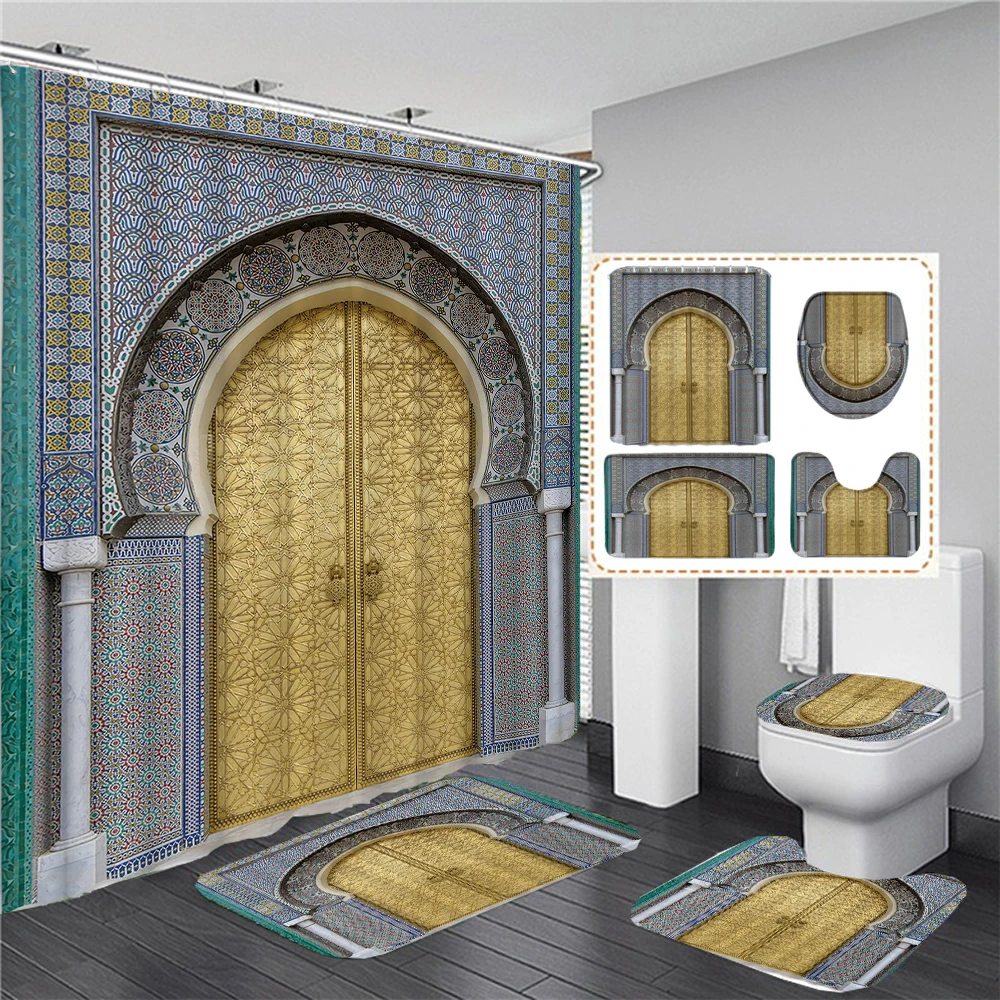 3D Print Moroccan Retro Architectural style Bathroom Curtains Shower Curtain Set for Bathroom Non-Slip Carpet Bath Mat Rug Decor