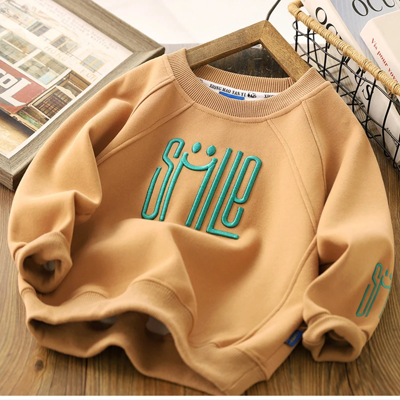 Teen Boys Sweatshirt Spring Autumn New Solid Color Letter Print Long Sleeve Hoodies For 4-12 Years Kids Sports Casual Pullover