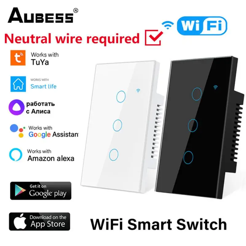 

Tuya EU US Wi-Fi Smart Touch Switch 1/2/3/4 Gang Настенный выключатель света Smart Life Neutral Wire Требуется для Alexa Google Home Alice