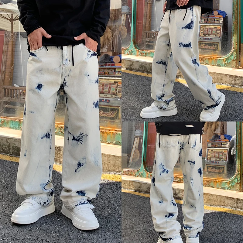 

Men's Fashion Tie Dye Jeans Baggy Straight Classic Blue White Denim Pants Streetwear Hip Hop Trousers Male Clothes Luxury Style