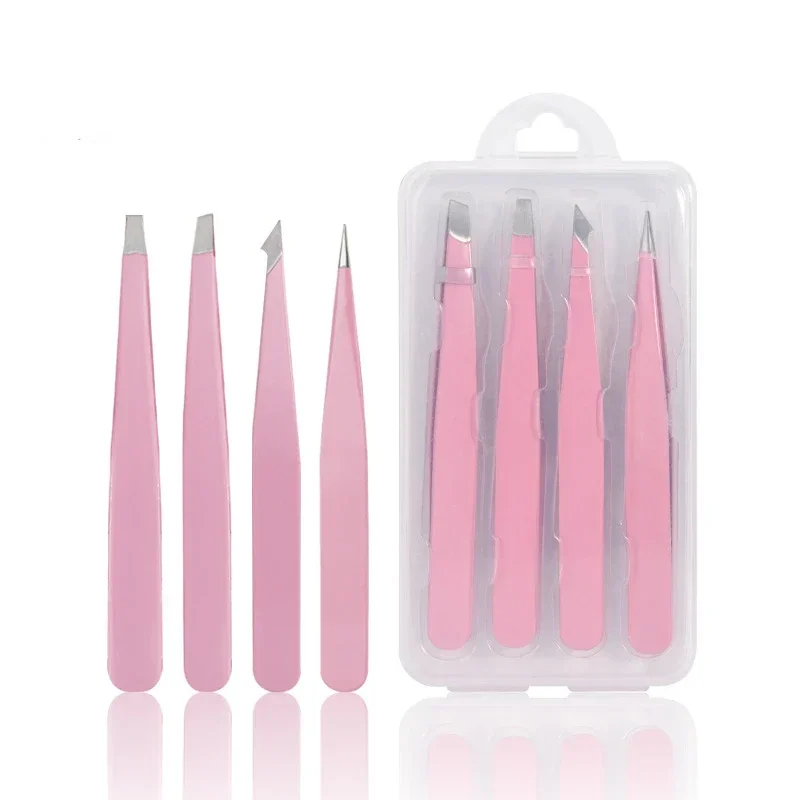 Pinzas para cejas de acero inoxidable, utensilio de belleza de alta calidad, extractor de pelo fino, 2/4 piezas, color rosa