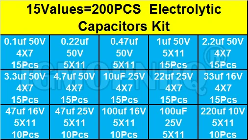 200PCS/LOT 15Values Electrolytic Capacitor Organization Storage 0.1-220uF Capacitors Assortment Box Kit new