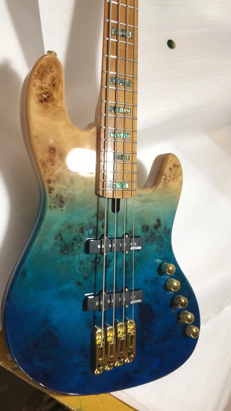 High quality 4-string electric bass,Gold hardware,Active electronics,Tree burl maple top,customizable,free delivery