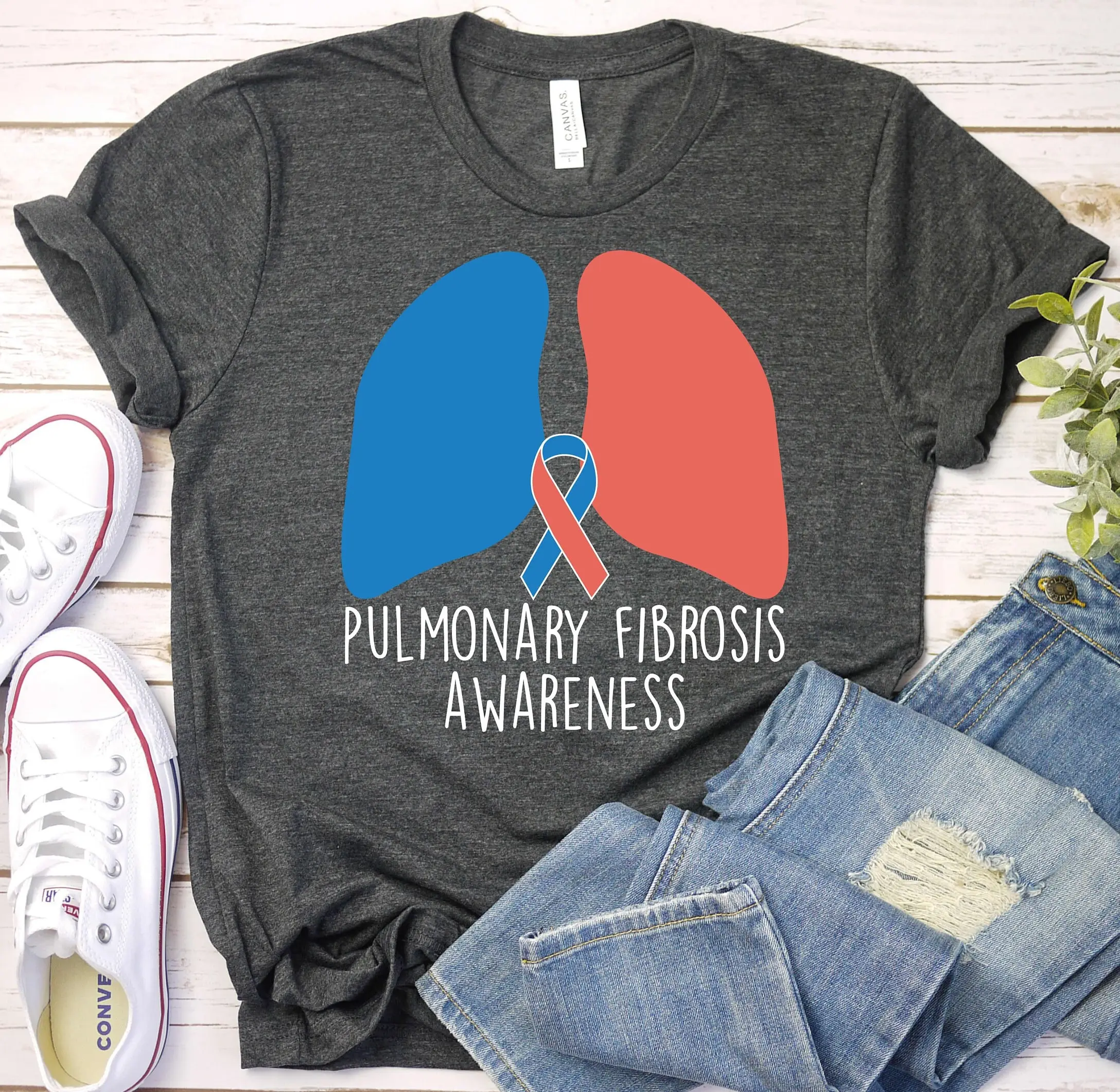 Pulmonary Fibrosis Awareness T Shirt Red Blue Ribbon Support Lung Disease Transplant Pf