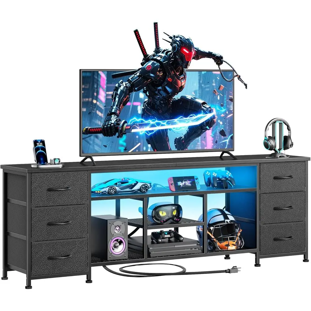 LED TV Stand for 65, 70, 80 Inch TV, 71 Inch Entertainment Center with Power Outlets, 6 Fabric Drawers Dresser for Bedroom