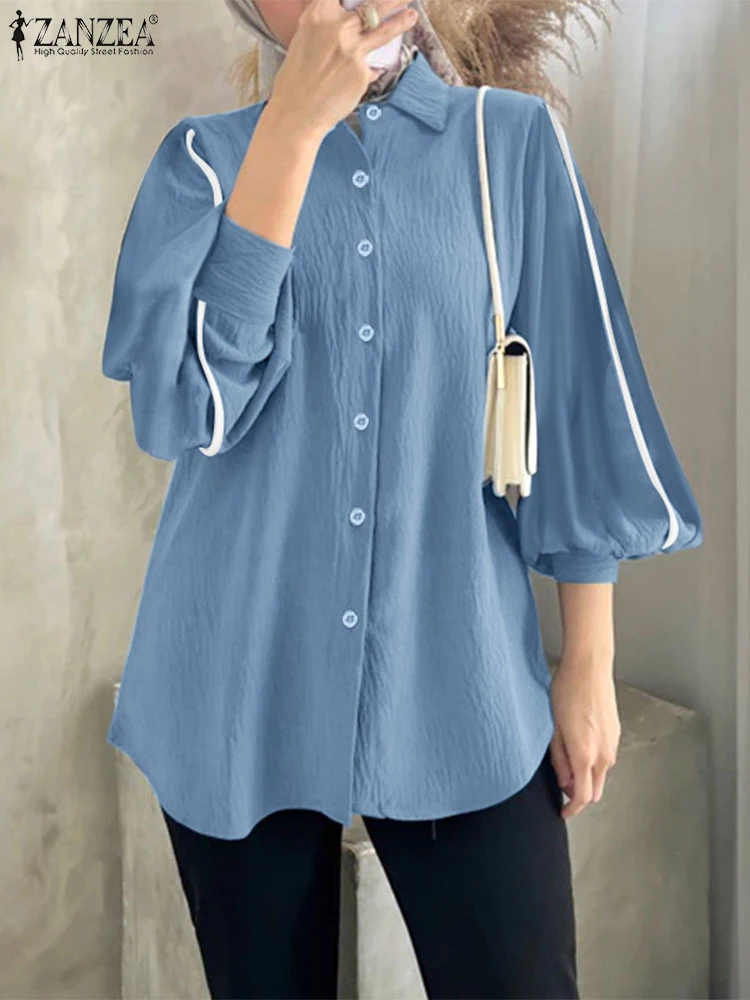 ZANZEA Long Sleeve Casual Tops Hijab Turn-down Collar Islamic Color-Blocked Piping Women's Chemise Femme Muslim Fashion Shirts