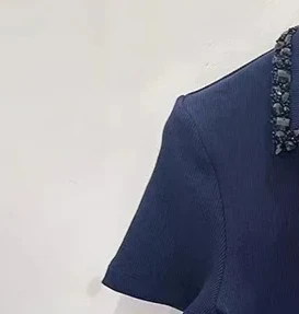 Dark Blue Women Short Sleeve Casual Knitted Pullover Summer 2026 Diamond Edge Decoration Lapel Slim Simple Lady Top