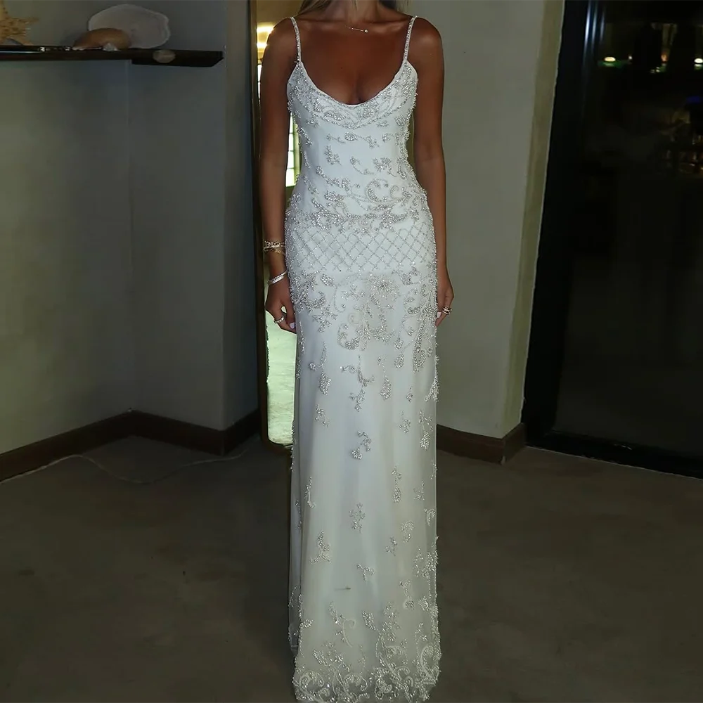 Biała Sukienka Wieczorowa z Koronką, Szyta na Miarę, Dekolt Okrągły, Cienkie Ramiączka, Sukienki na Powrót do Szkoły, Błyszczące Kryształowe Perły, Suknie na Przyjęcia