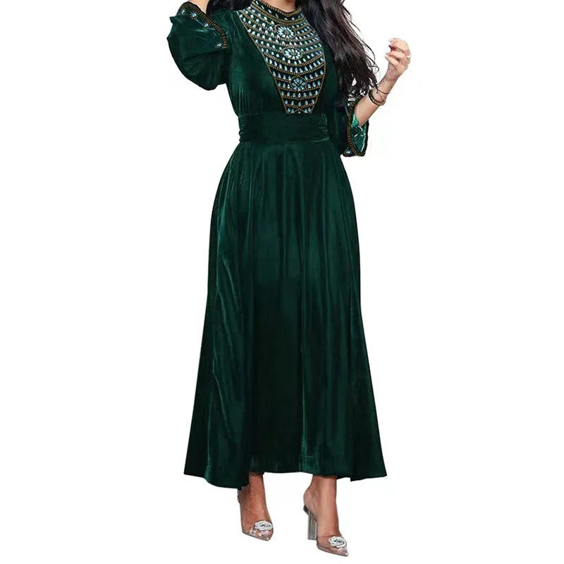 High Quality Winter New Muslim Dubai Suede Dinner Dress Robe Blue Water Drop Rhinestone Jalabia Women's Dresses