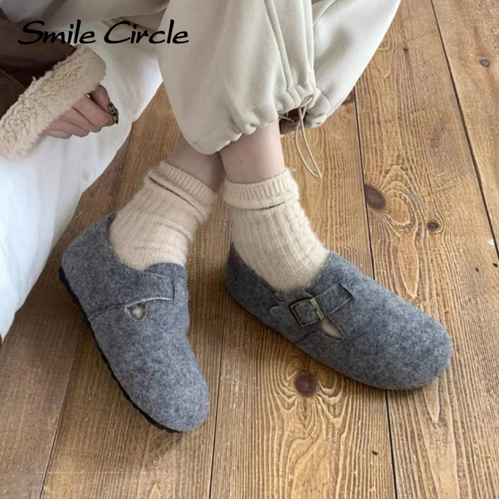 Smile Circle Zapatos planos informales con punta redonda y cálidos de felpa de color sólido para invierno para mujer