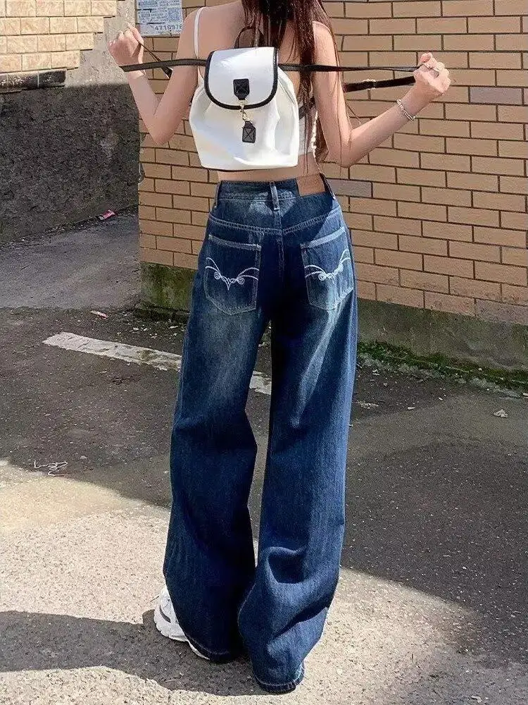 

Ретро-джинсы американского стиля с высокой талией и широкими штанинами, женские, весна-осень, новые, с вышивкой, свободные, прямые, узкие брюки