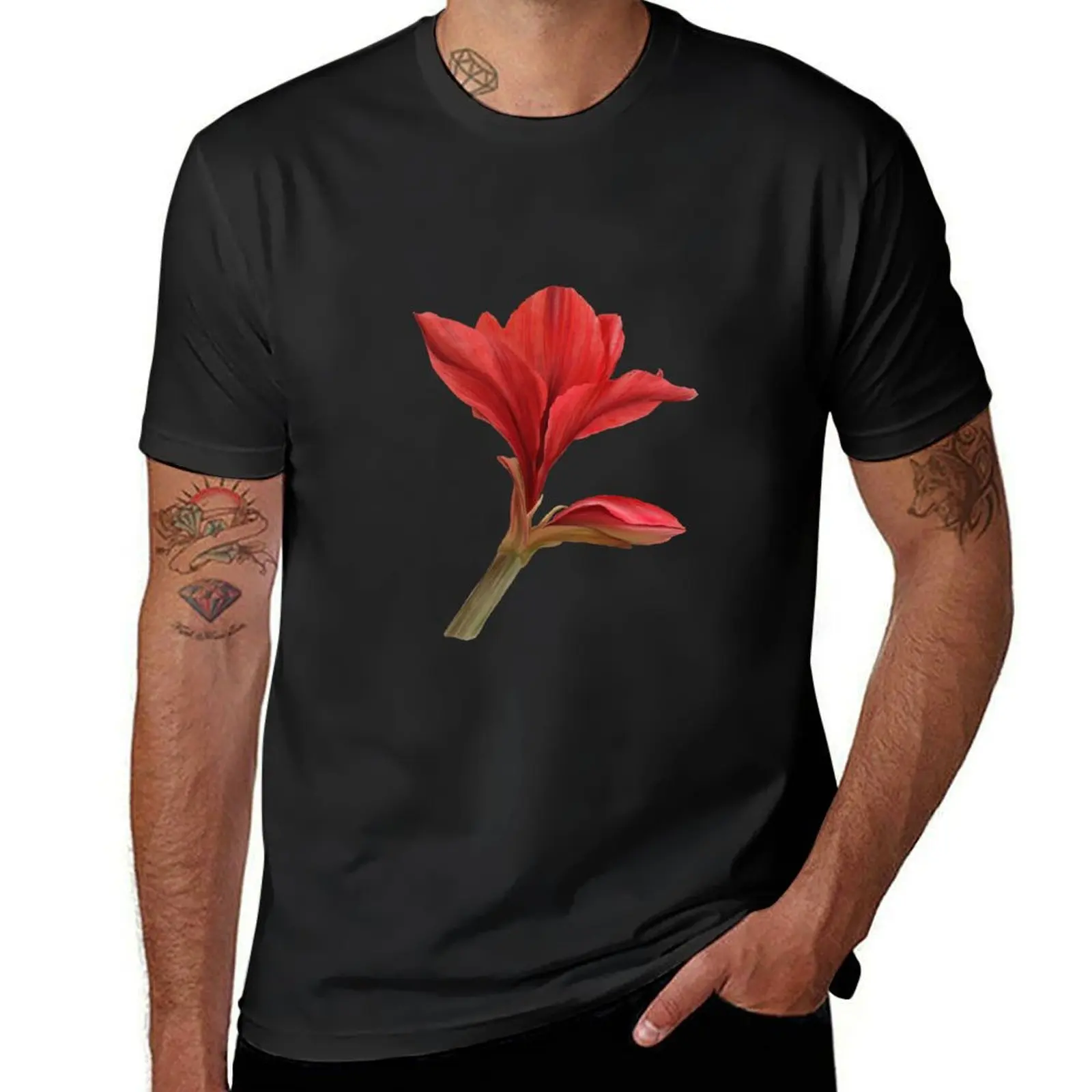 Red amaryllis flower Hand drawn watercolor clipart T-Shirt plus sizes plus size tops mens big and tall t shirts