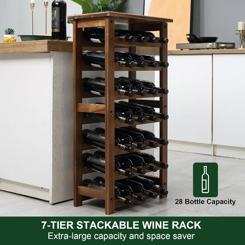 Wooden Wine Rack, 7 Tire Floor Storage 28 Bottles Holder, Free Standing Display Rack for Kitchen, Pantry, Cellar, Natural