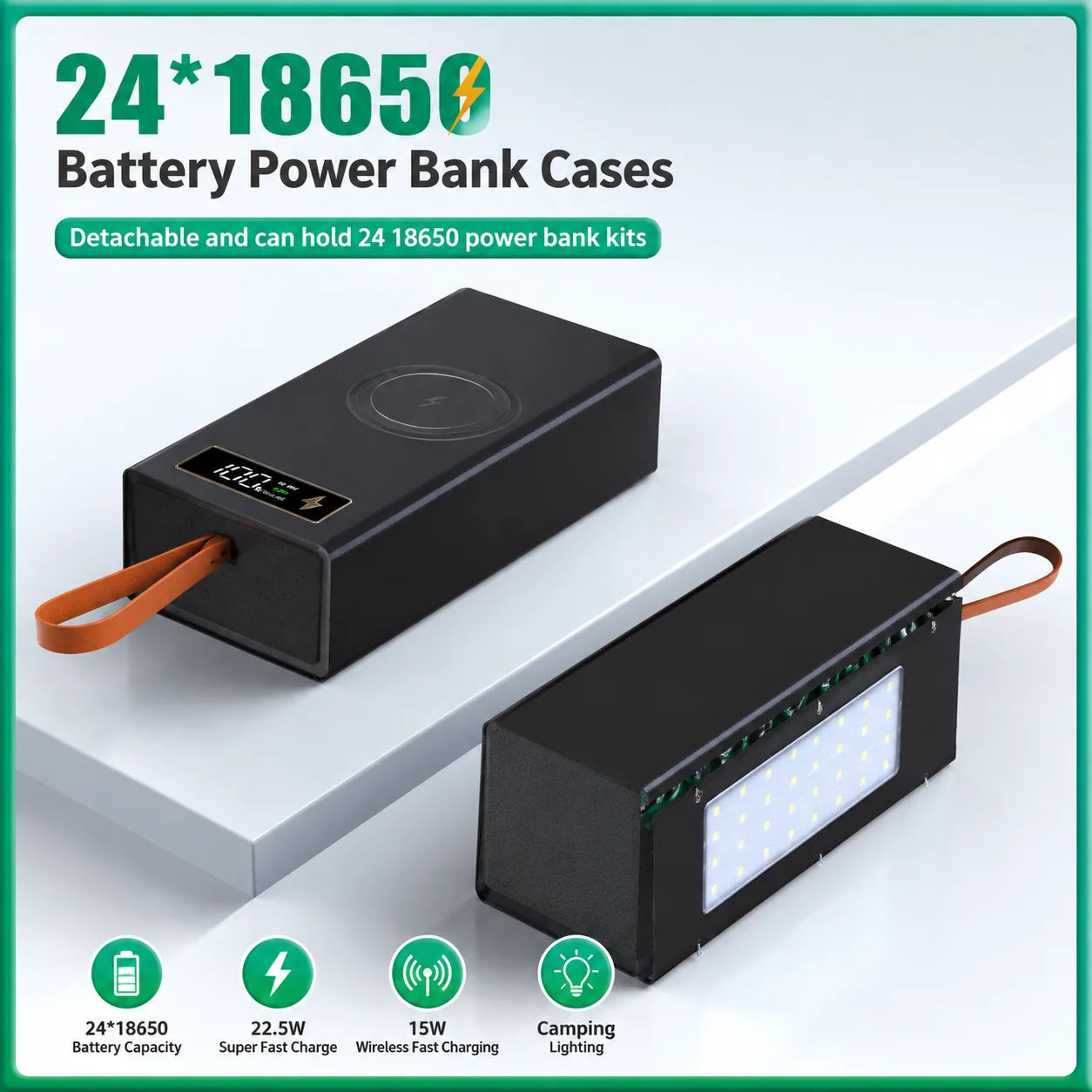24*18650 Battery Power Bank Cases DIY Mobile Power Bank Case with Wireless Charging and Camping Light Etachable, Weld-Free