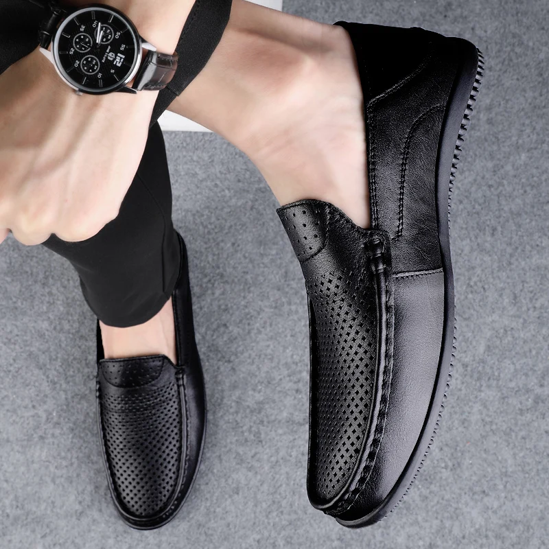 

Дышащие летние повседневные мужские сандалии без шнуровки из мягкой кожи на плоском каблуке с круглым носком и резиновой подошвой, удобная обувь