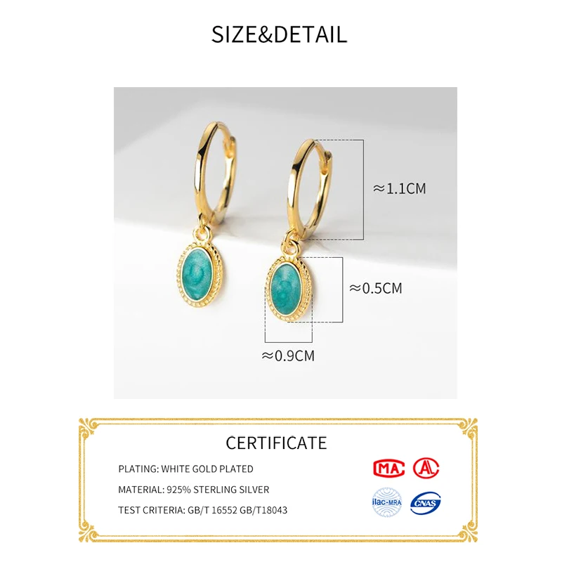 SOFTPIG Real 925 Sterling Silver Turquoise Geometric Oval 18K Gold Hoop Earrings For Charm Women Trendy Fine Jewelry Accessories